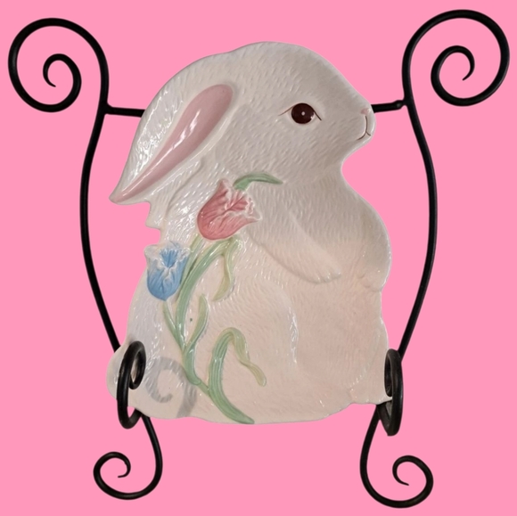 PIER 1 Easter Bunny Plate Ceramic White Rabbit Pastel Tulips Decorative Tray - Picture 1 of 8